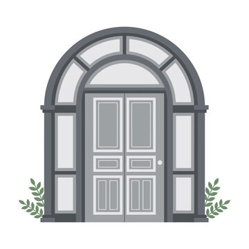 Architectural illustration of an arched entrance door with side windows and green plants