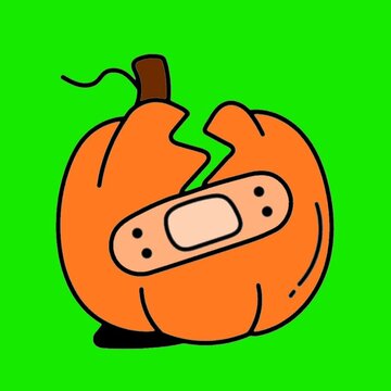 Broken Pumpkin with Bandage, Funny Injured Halloween Pumpkin Cartoon Illustration
