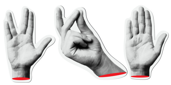 Halftone pop art hands making vulcan salute snap and open palm gestures with red cut wrists retro collage set