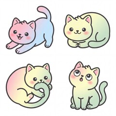 Fototapeta premium Kawaii animal image featuring four cute pastel gradient cat stickers