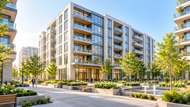 Modern residential apartment building with landscaped courtyard and water feature