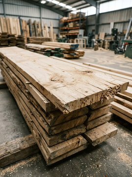 Stacked wooden planks in a woodshop environment  