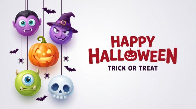
Halloween character vector background design. Happy halloween trick or treat text in white space with hanging scary pumpkin, skull, and witch horror characters. Vector