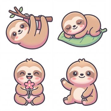 Kawaii animal image of cute sloth characters in various activities