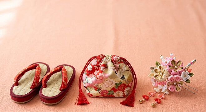 Traditional Japanese Shichi-Go-San Accessories with Zori Sandals, Kinchaku Bag and Floral Hair Ornament