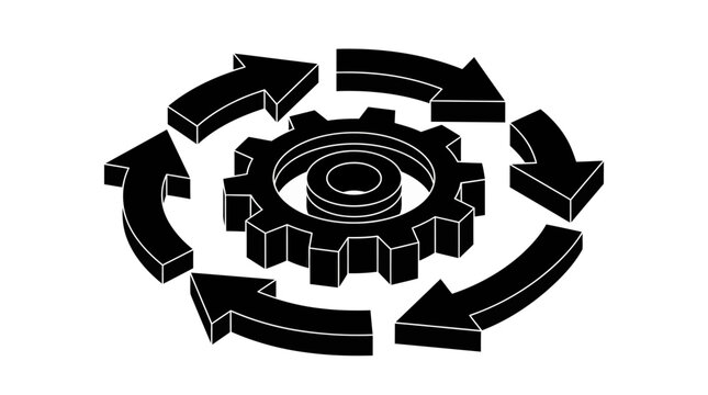 A conceptual illustration depicts a central gear component encircled by rotating circular arrows symbolizing ongoing continuous process improvement and the nature of dynamic systems