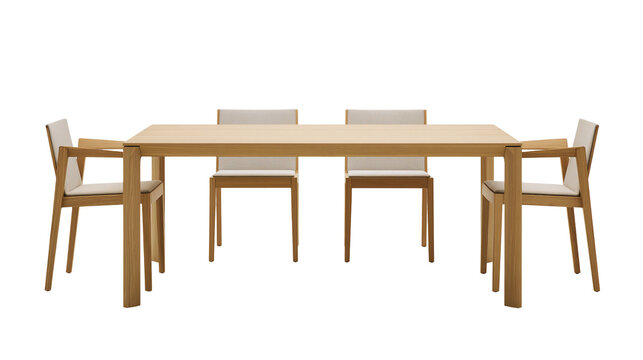 Modern wooden dining table with four upholstered chairs, isolated on transparent background