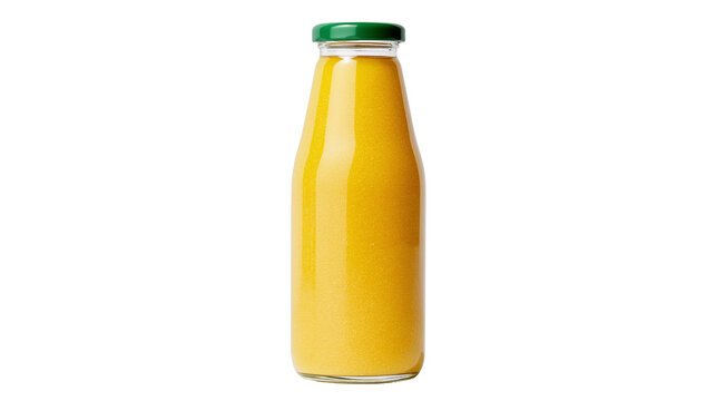 Clear glass bottle filled with bright orange juice sealed with a green cap, isolated on transparent background