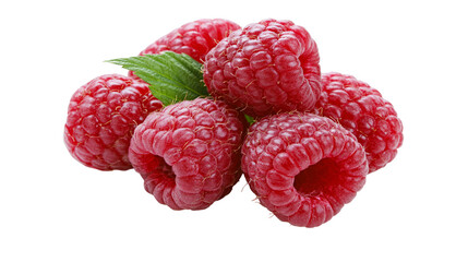 Pile of ripe red raspberries with green leaf, isolated on transparent background © Mia