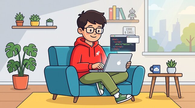 A vector illustration of a young programmer wearing glasses and a red hoodie, sitting on a blue armchair while coding HTML/JavaScript on his laptop in a cozy, plant-filled room.