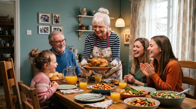 Happy multigenerational family gathers around a table with a roasted turkey for a festive meal