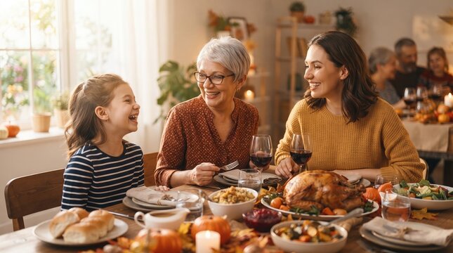 Multi generational family enjoying a festive meal together at a brightly lit dining table