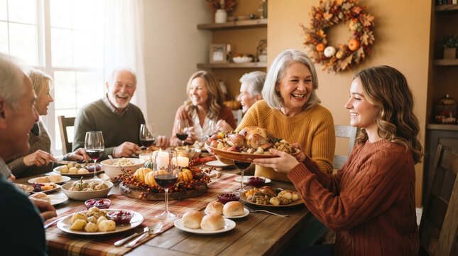 Multi generational family enjoying a festive meal together in a warmly lit dining room