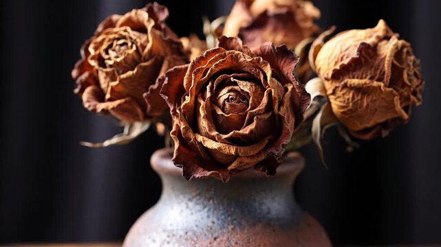 A close-up of a rustic ceramic vase containing a cluster of dried brown rose heads, arranged against a dark moody background on a wooden surface with soft side lighting.