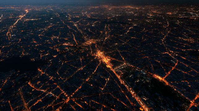 Aerial Night View of Illuminated Streets in Paris Capturing City Grid from Above