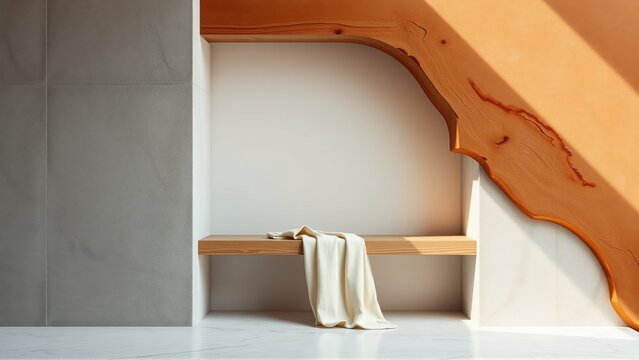 Minimalist interior. Light wood bench rests within recessed alcove. Warm tones contrast cool marble surfaces. Clean lines, simple design.