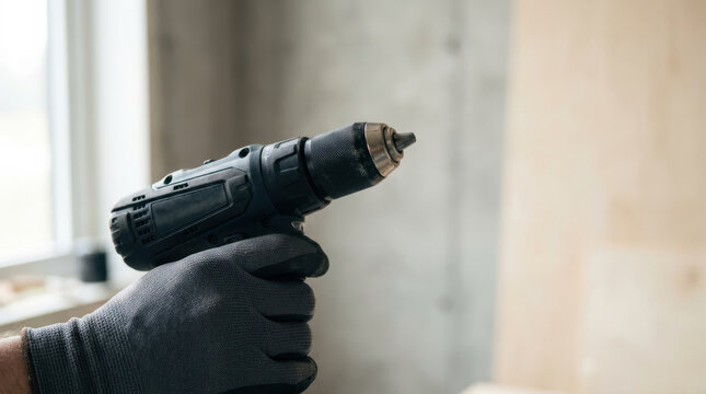 Power drill worker hand black glove home renovation construction tool