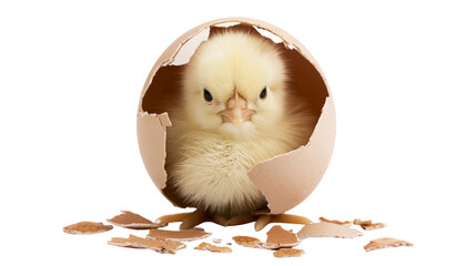 Fluffy yellow chick emerging from cracked brown eggshell, isolated on transparent background © Mia