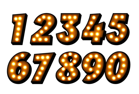 Complete 3D marquee number set with glowing light bulbs retro typography vector design