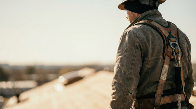 Cowboy portrait facing away rural road with leather jacket and hat, warm sunlight creating rugged western atmosphere and distant countryside view