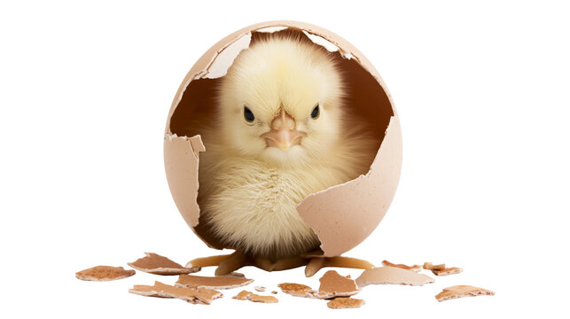 Fluffy yellow chick emerging from cracked brown eggshell, isolated on transparent background