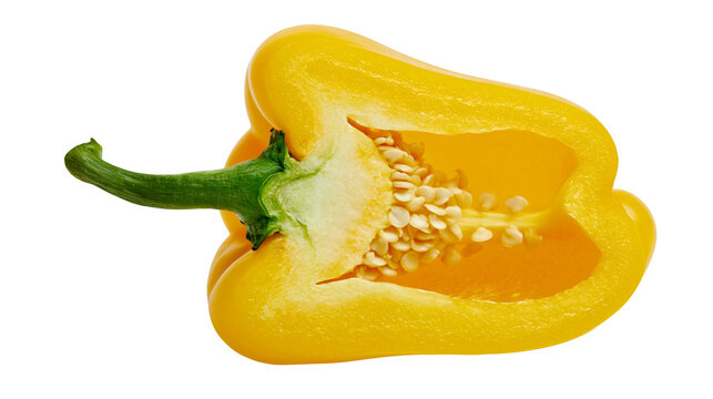 Bright yellow bell pepper half with visible seeds and green stem, isolated on transparent background