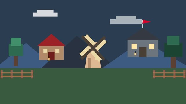 Animated rural landscape scene with windmill river boats at night.
