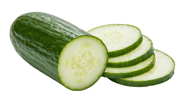 Whole green cucumber with sliced pieces, isolated on transparent background