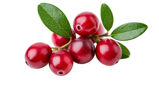 Fresh red cranberries with green leaves isolated on transparent background