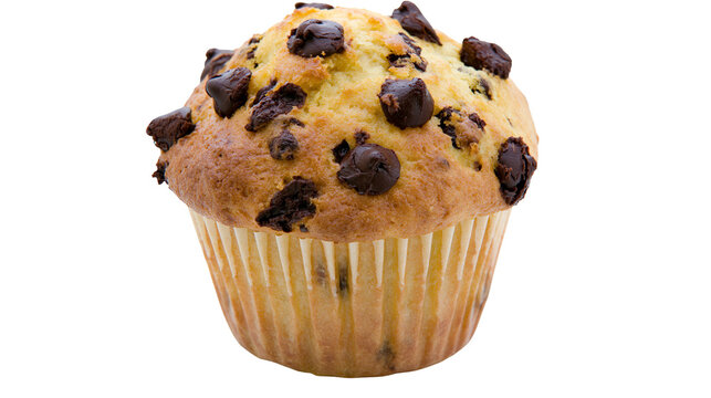 Golden brown chocolate chip muffin with a fluffy top, isolated on transparent background