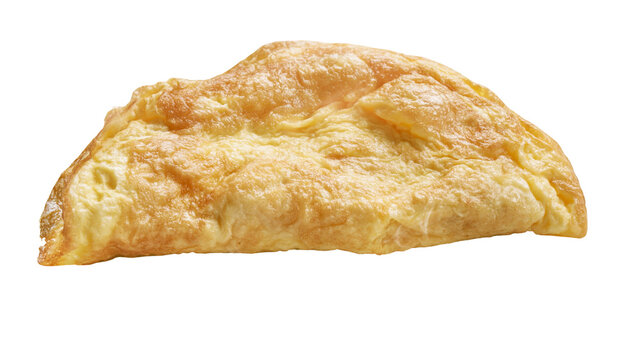 Fluffy golden omelet folded in half, isolated on transparent background