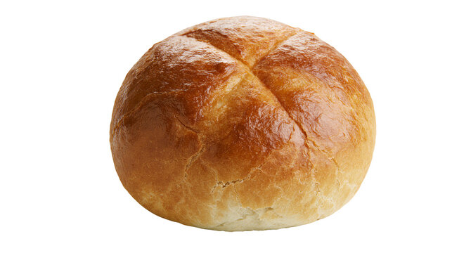 Golden brown crusty bread roll with cross score, isolated on transparent background