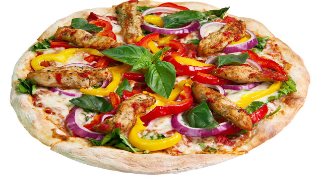 Delicious chicken and vegetable pizza with melted cheese, isolated on transparent background