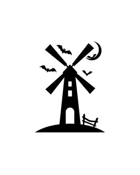 Halloween windmill silhouette vector illustration with bats and crescent moon wind turbine vector art cut out windmill halloween silhouette crescent