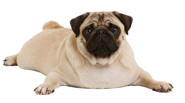 Fawn pug dog lying down looking at the camera, isolated on transparent background