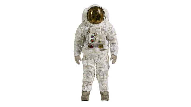 White astronaut suit with golden helmet, isolated on transparent background