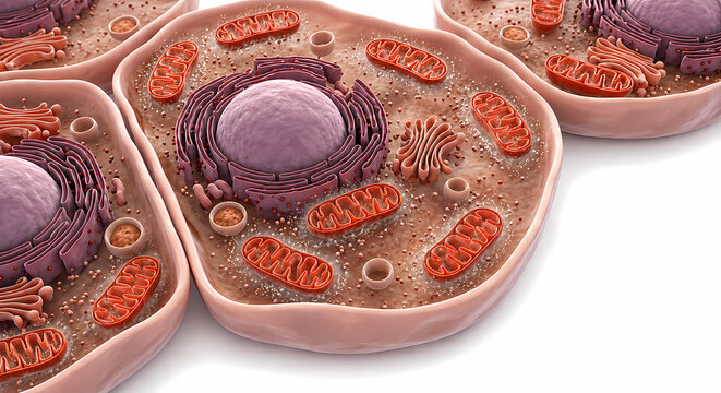 Detailed 3D cross section illustration of eukaryotic animal cell showing nucleus, mitochondria, and endoplasmic reticulum