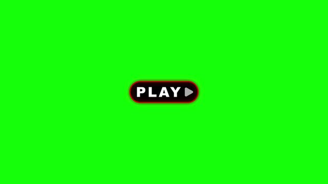 Red neon play button pulsing text and fading triangle arrow icon loop animation on green screen background