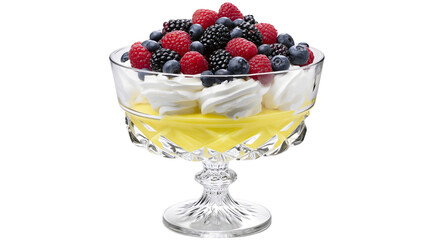 Crystal trifle bowl filled with custard whipped cream and fresh berries, isolated on transparent background © Mia