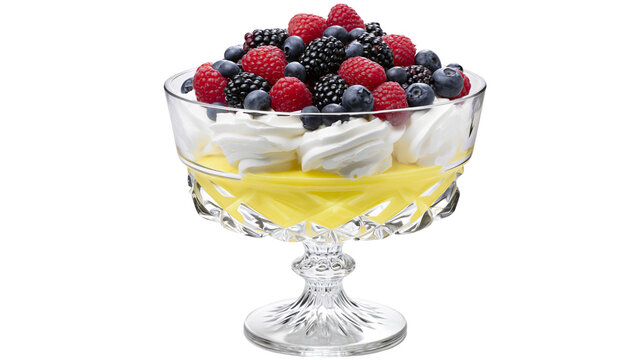 Crystal trifle bowl filled with custard whipped cream and fresh berries, isolated on transparent background