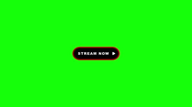 Red neon stream now button pulsing text and fading play icon loop animation on green screen background