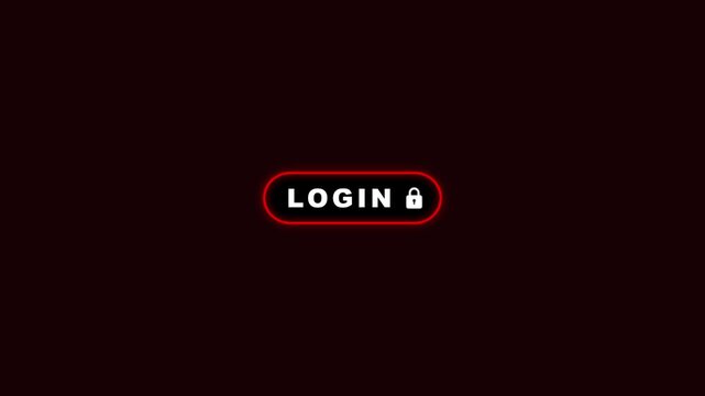 Red neon login button pulsing text and fading padlock icon loop animation on black background