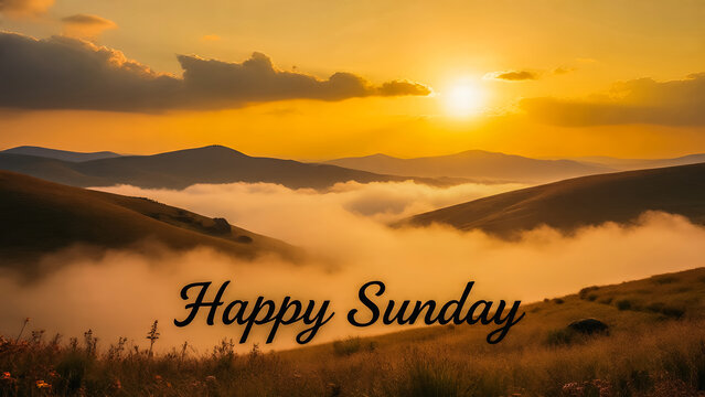 The golden sun rises over the peaceful rolling hills, the soft morning mist drifts in the valley, the sun casts a warm glow on the wildflowers in the foreground "Happy Sunday"