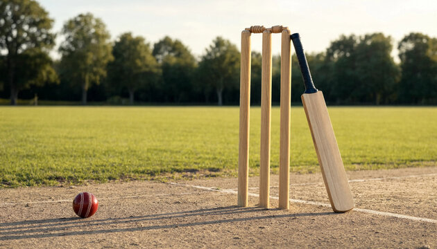 Wooden cricket wickets with bat and red leather ball on pitch crease at sunset blurred background