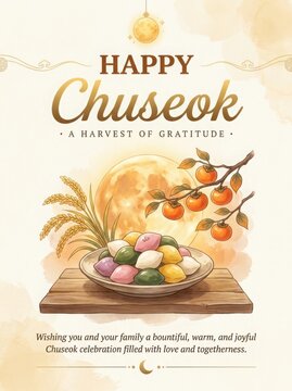 Happy chuseok celebration with colorful fruits and traditional food on a moonlit background