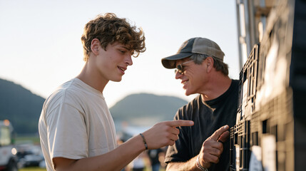 Fototapeta premium Teen volunteer apprenticing under a veteran stage hand at a quiet rural festival site, learning to stack crates of gear in precise order, the mentor pointing to each box in turn