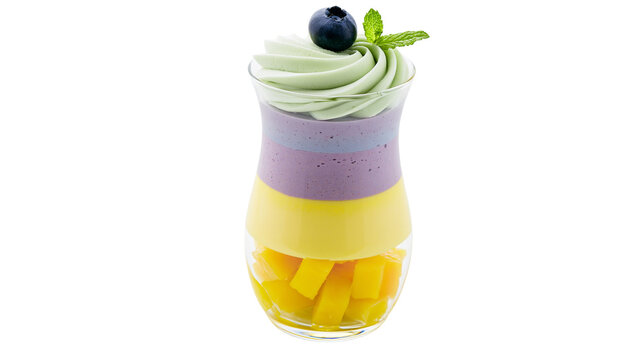 Layered fruit dessert with mango blueberry mousse and green cream, isolated on transparent background