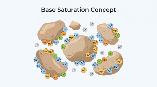 Detailed base saturation concept diagram illustrating soil science theory and mineral cation exchange chemistry