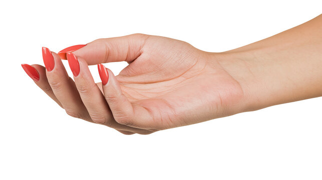 Female hand with coral red stiletto nails, isolated on transparent background