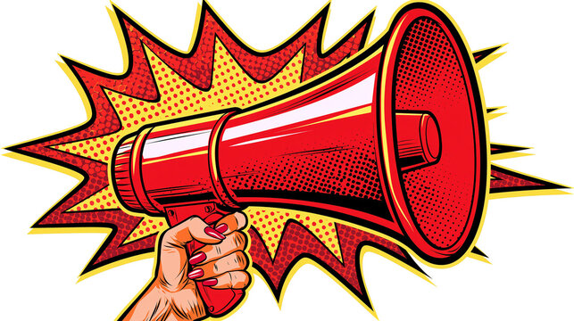 Red megaphone held by a woman s hand, isolated on transparent background